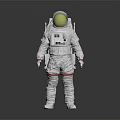 Astronaut Standing In White Spacesuit With Red Stripes Gold Helmet And Backpack On Gray Background