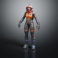 Astronaut In Orange Black Spacesuit With Helmet Standing On Dark Reflective Floor