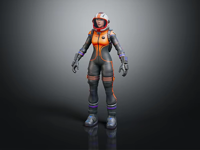 Astronaut In Orange Black Spacesuit With Helmet Standing On Dark Reflective Floor 3d model