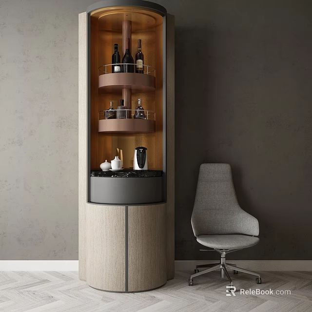 Modern Wooden Wine Cabinet Design With Rotating Shelves Wine Bottles And Black Countertop 3d model 