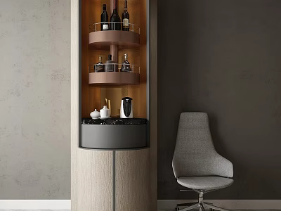 Modern Wooden Wine Cabinet Design With Rotating Shelves Wine Bottles And Black Countertop 3d model