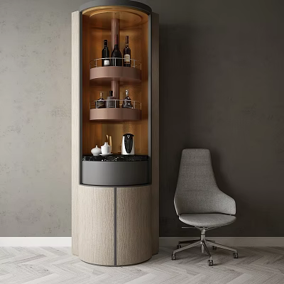 Modern Wooden Wine Cabinet Design With Rotating Shelves Wine Bottles And Black Countertop 3d model