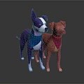 3D Model Dogs Standing With Blue And Red Scarves On Dark Background
