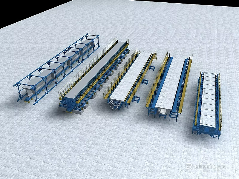 Industrial Equipment Production Line With Blue Metal Frames And Conveyor Components 3d model 