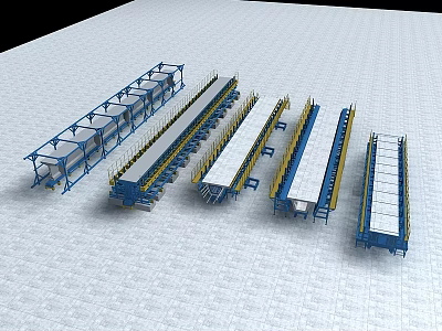 Industrial Equipment Production Line With Blue Metal Frames And Conveyor Components 3d model