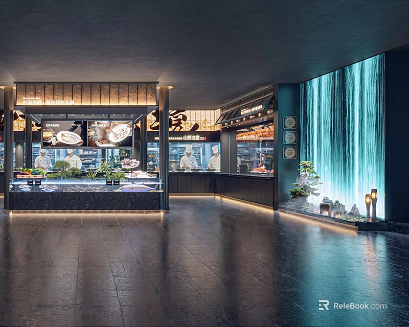 Stylish Modern Restaurant Interior With Waterfall Wall Warm Lighting And Food Display Counter 3d model 