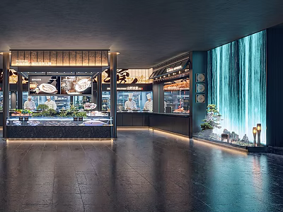 Stylish Modern Restaurant Interior With Waterfall Wall Warm Lighting And Food Display Counter 3d model