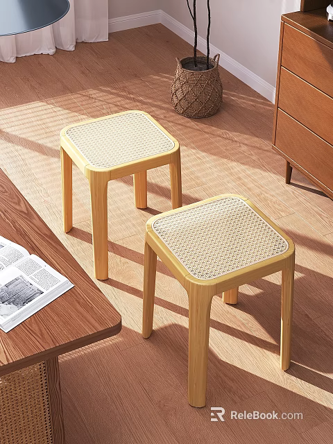 Natural Wooden Stools With Woven Seats For Modern Indoor Home Decor 3d model 