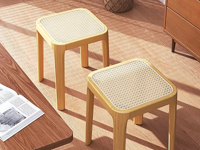 Natural Wooden Stools With Woven Seats For Modern Indoor Home Decor 3d model