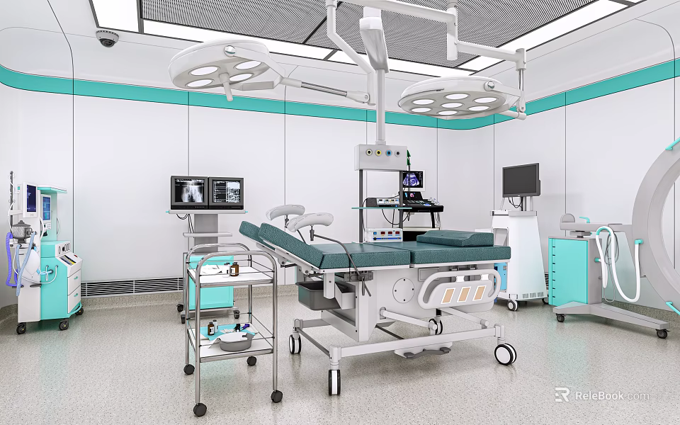 Advanced Medical Equipment in Operating Room Featuring Surgical Table Lights and Monitor 3d model 