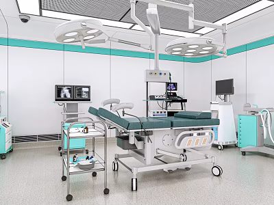Advanced Medical Equipment in Operating Room Featuring Surgical Table Lights and Monitor 3d model