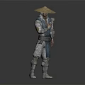 Martial Arts Warrior In Traditional Blue White Outfit With Straw Hat And Armor Details