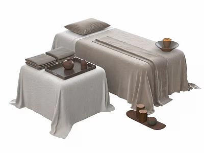Comfortable Massage Bed With Soft Sheet Pillow And Side Table Tray Cups 3d model