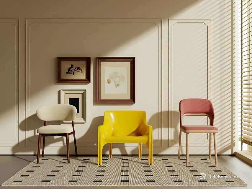 Modern Accent Chairs In Yellow Pink And Beige With Wall Art And Area Rug 3d model 