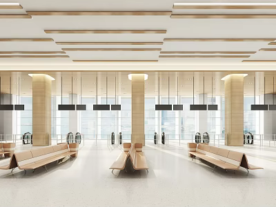 Modern Station Hall Interior With Linear Ceiling Light Columns Brown Benches And Large Windows 3d model