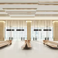 Modern Station Hall Interior With Linear Ceiling Light Columns Brown Benches And Large Windows 3d model