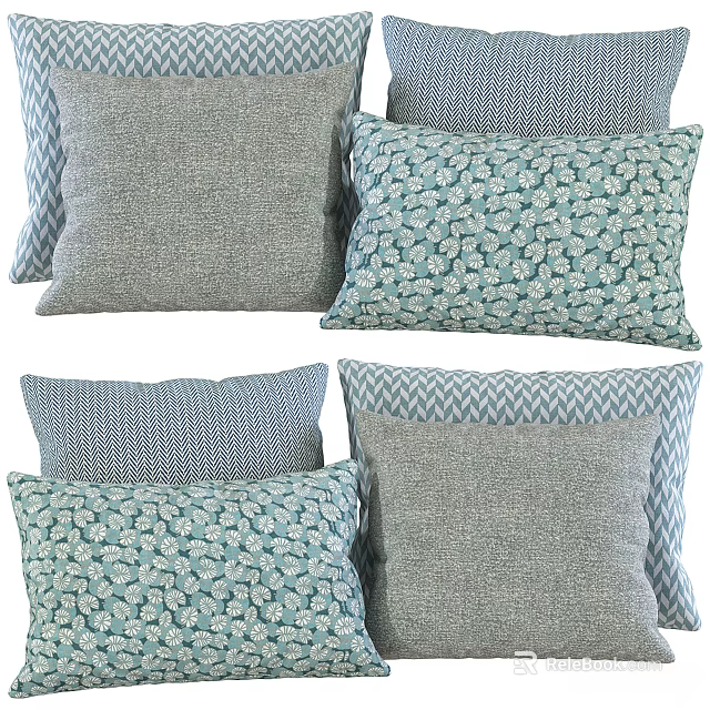 Stylish Decorative Pillows With Gray Textured Teal Floral And Chevron Patterns 3d model 