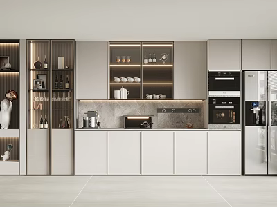 Modern Kitchen Interior Design With White And Gray Cabinets Glass Door Lighting And Built-in Appliances 3d model