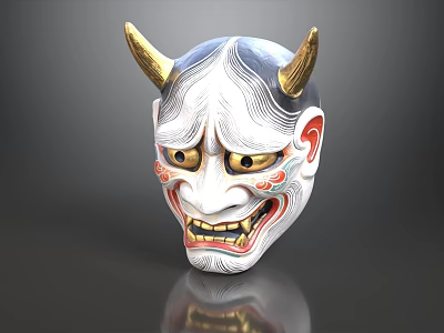 Traditional Japanese Oni Mask Wall Decor With Golden Horns White Face And Red Blue Accents 3d model