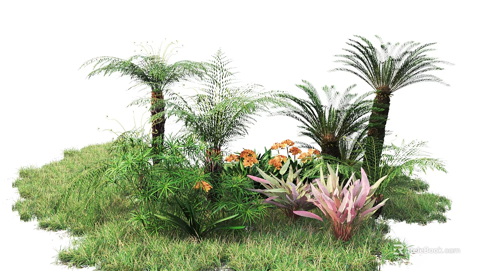 Various Shrubs With Orange Flowers Purple Pink Leaves And Palm Trees In Green Grass 3d model 