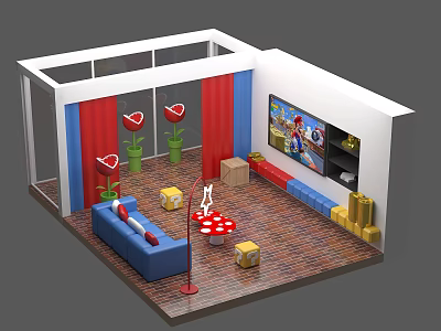 Cartoon Room Scene Featuring Mario TV Blue Sofa Red Curtains Mushroom Table And Heart Flowers 3d model