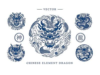 Chinese Element Dragon Vector Illustration With Traditional Circular Design And Multiple Heads 3d model