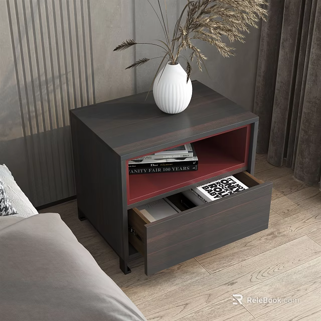 Modern Dark Bedside Table With Open Shelf Drawer White Vase Dried Plants And Books 3d model 