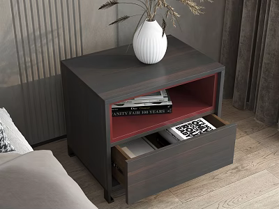 Modern Dark Bedside Table With Open Shelf Drawer White Vase Dried Plants And Books 3d model