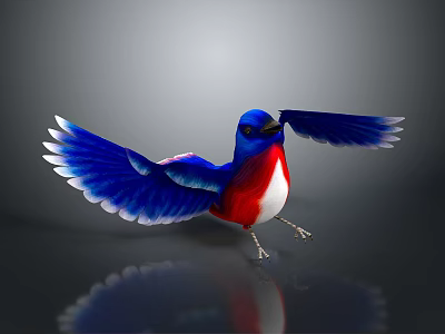 Blue Red White Bird with Spread Wings Standing on Black Background and Reflection 3d model