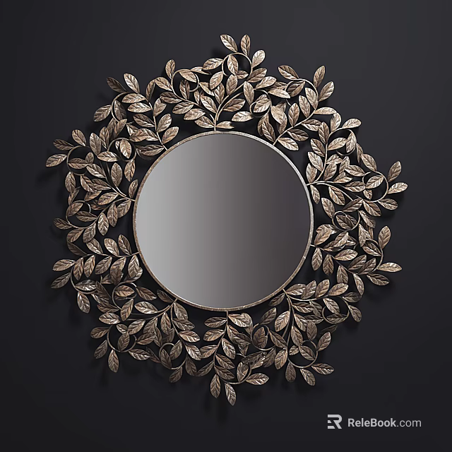 Round Decorative Mirror With Gold Leaf Frame On Dark Background 3d model