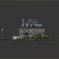 Brick Two Story House 3D Model With Chimney Roof Garage Lawn Trees And Street Lamp