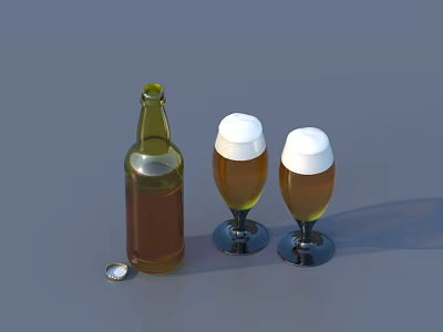 Green Beer Bottle With Foamy Glasses Amber Liquid And Bottle Cap On Gray Background 3d model