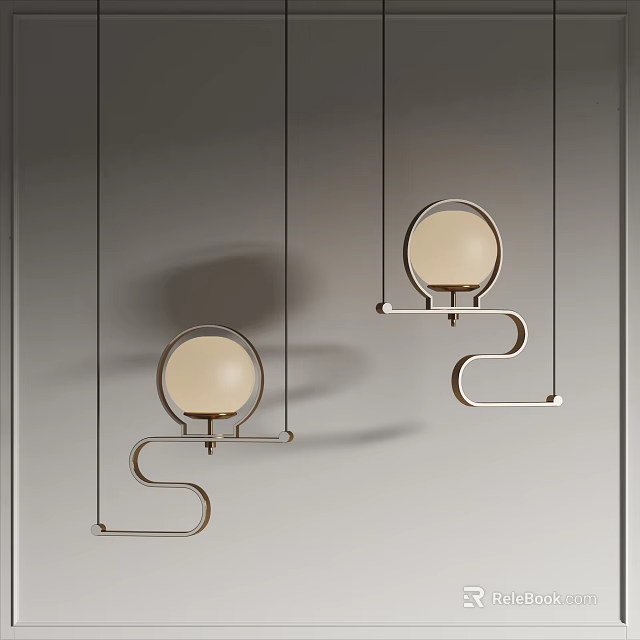 Modern Pendant Lights With Round Beige Shades Curved Metal Frames Two Hanging Over Gray Wall 3d model 