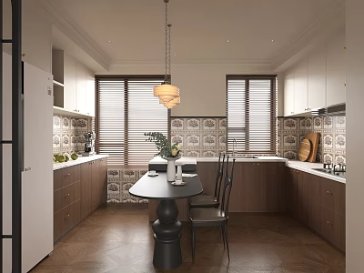 Modern Restaurant Interior With Dining Table Chairs Pendant Light Windows And Wooden Cabinets 3d model