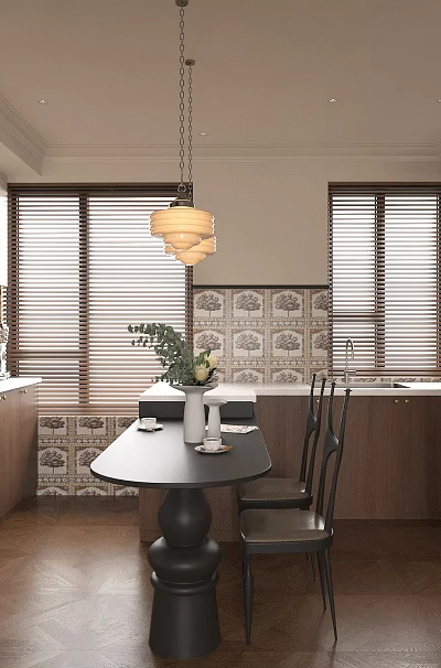 Modern Restaurant Interior With Dining Table Chairs Pendant Light Windows And Wooden Cabinets 3d model