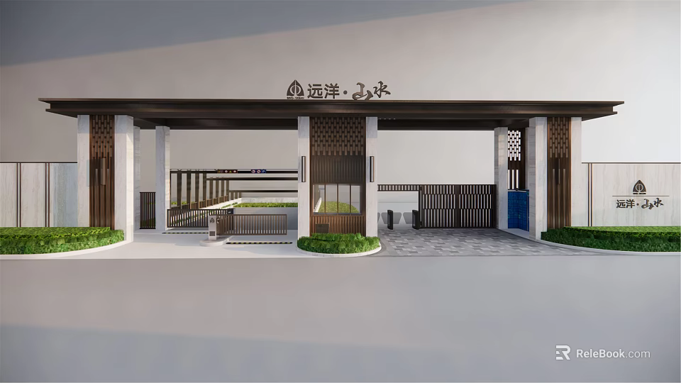 Chinese Style Entrance Gate With Wooden Structure Lattice Design And Green Plants 3d model 