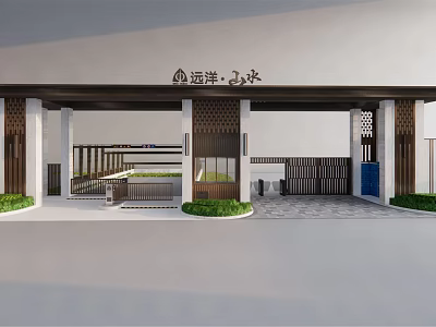 Chinese Style Entrance Gate With Wooden Structure Lattice Design And Green Plants 3d model