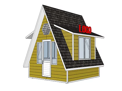Yellow Exterior Wooden House With Black Roof Windows And LOD Sign 3d model