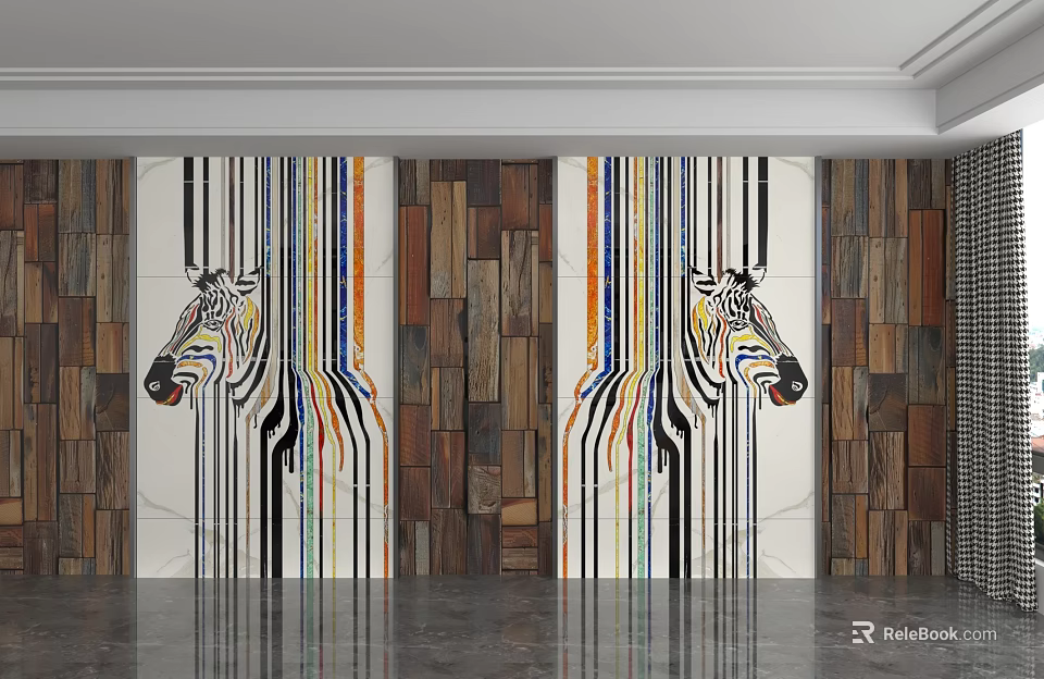 Decorative Background Wall Featuring Zebra Head Design Colorful Stripes Wooden And White Panels 3d model 
