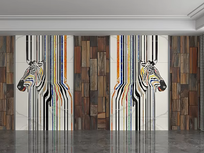 Decorative Background Wall Featuring Zebra Head Design Colorful Stripes Wooden And White Panels 3d model