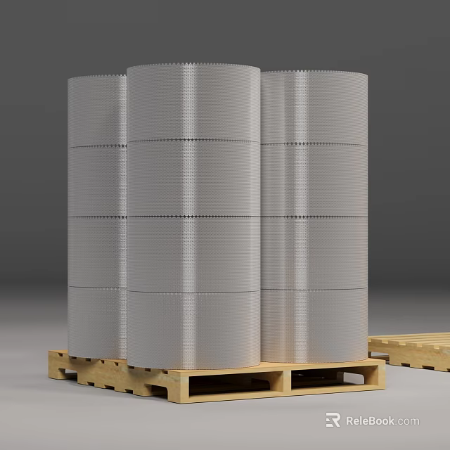 Three Silver Aluminum Foil Rolls For Household Use Stacked On Wooden Pallets 3d model 