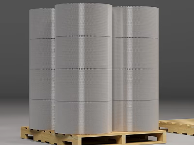 Three Silver Aluminum Foil Rolls For Household Use Stacked On Wooden Pallets 3d model
