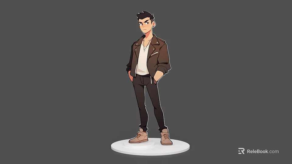 Male Game Movie Character Wearing Brown Leather Jacket White Shirt Black Pants Brown Shoes Standing 3d model 