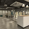 Modern Industrial Clothing Store Interior With Metal Racks Wooden Floor Hanging Lights And Plant Decor