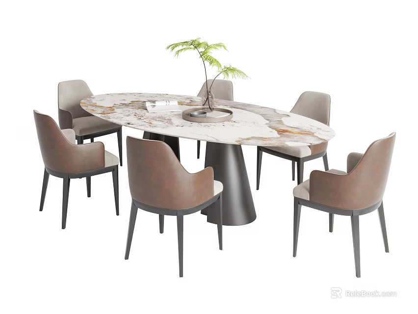 Patterned Round Marble Dining Table Set with Six Light Brown Upholstered Chairs and Potted Plant 3d model