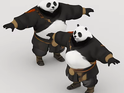 Two Kung Fu Pandas In Black Outfits With Extended Arms And Standing Poses 3d model