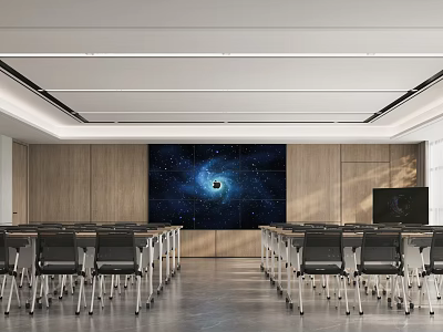 Modern Conference Room Interior With Large Screen Wooden Walls And Black Chairs 3d model