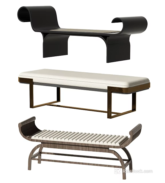 Various Ottoman Footstool Designs Featuring Upholstered Seat Wooden Frame And Rattan Details 3d model 