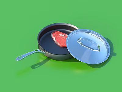 Stainless Steel Frying Pan With Open Lid And Raw Meat On Green Background 3d model