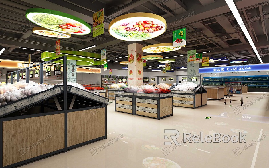 Modern Supermarket Fresh Supermarket Vegetable Fruit Shelf Container Seafood Market Agricultural Products Seafood Aquatic Area model